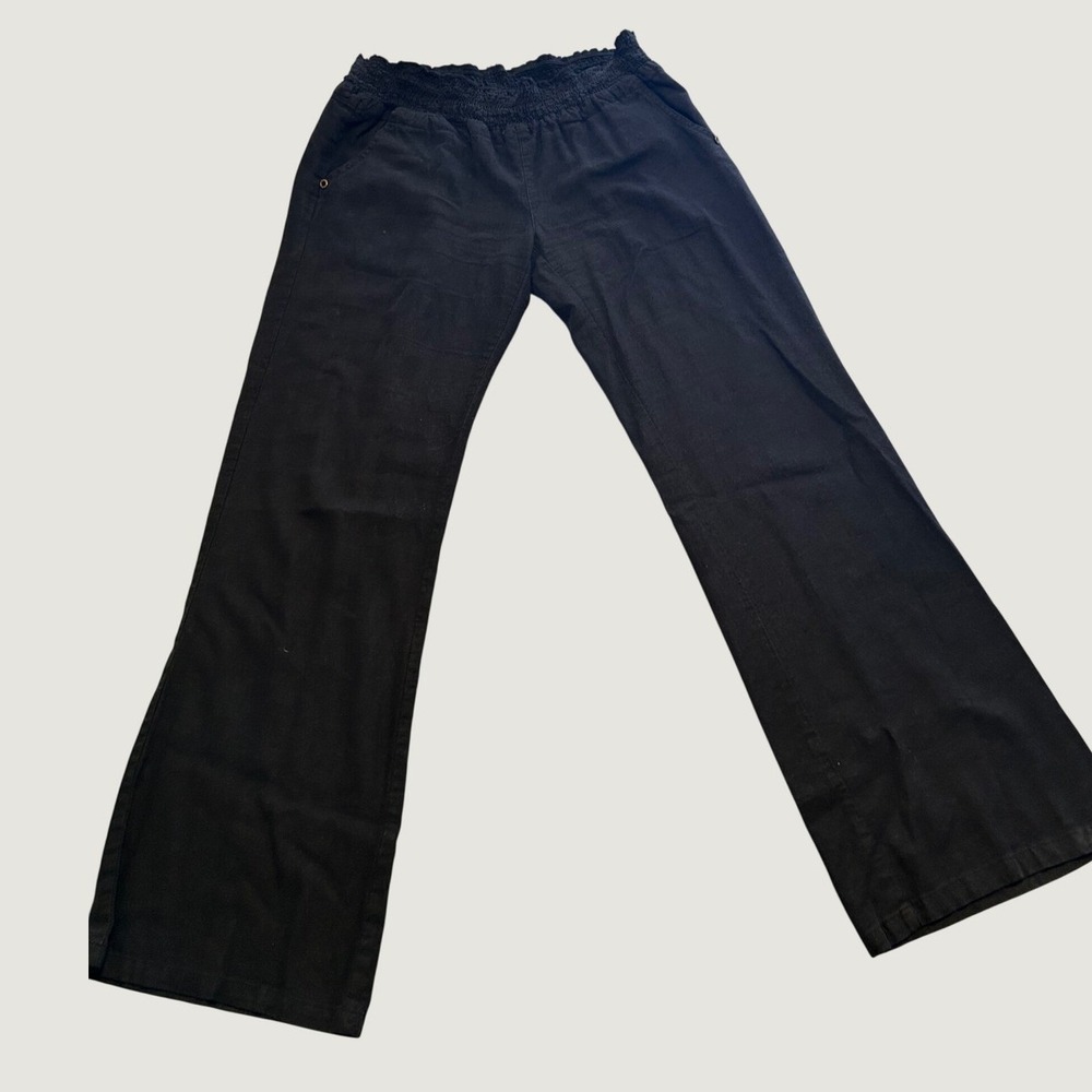 Love Tree Linen Blend Pants Women Large Black Excellent Smocked Wide Leg Relaxed